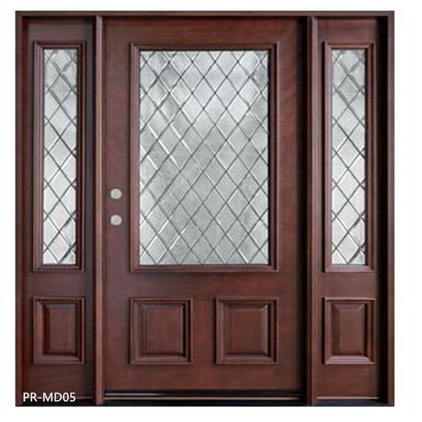 Entrance swing solid wooden door with tempered glass 