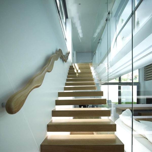 Single Stringer Wooden or Laminated Glass Treads Floating Staircase PR-F08