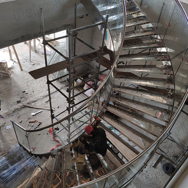 Stainless Steel Double Stringer Marble Steps Curved Staircase