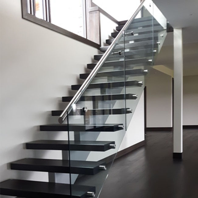 Prima custom made wooden straight staircase tempered glass railing